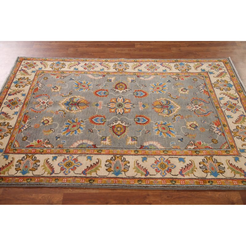 Gray Kazak Oriental Area Rug Hand-Knotted Wool Carpet - 4'1"x 6'4"
