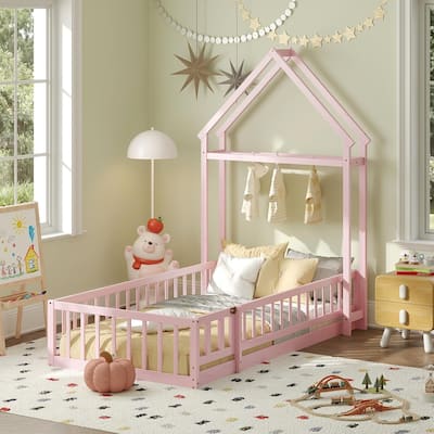 Floor Bed Frame Wooden Montessori Bed w/Fence Low Twin Size House Bed