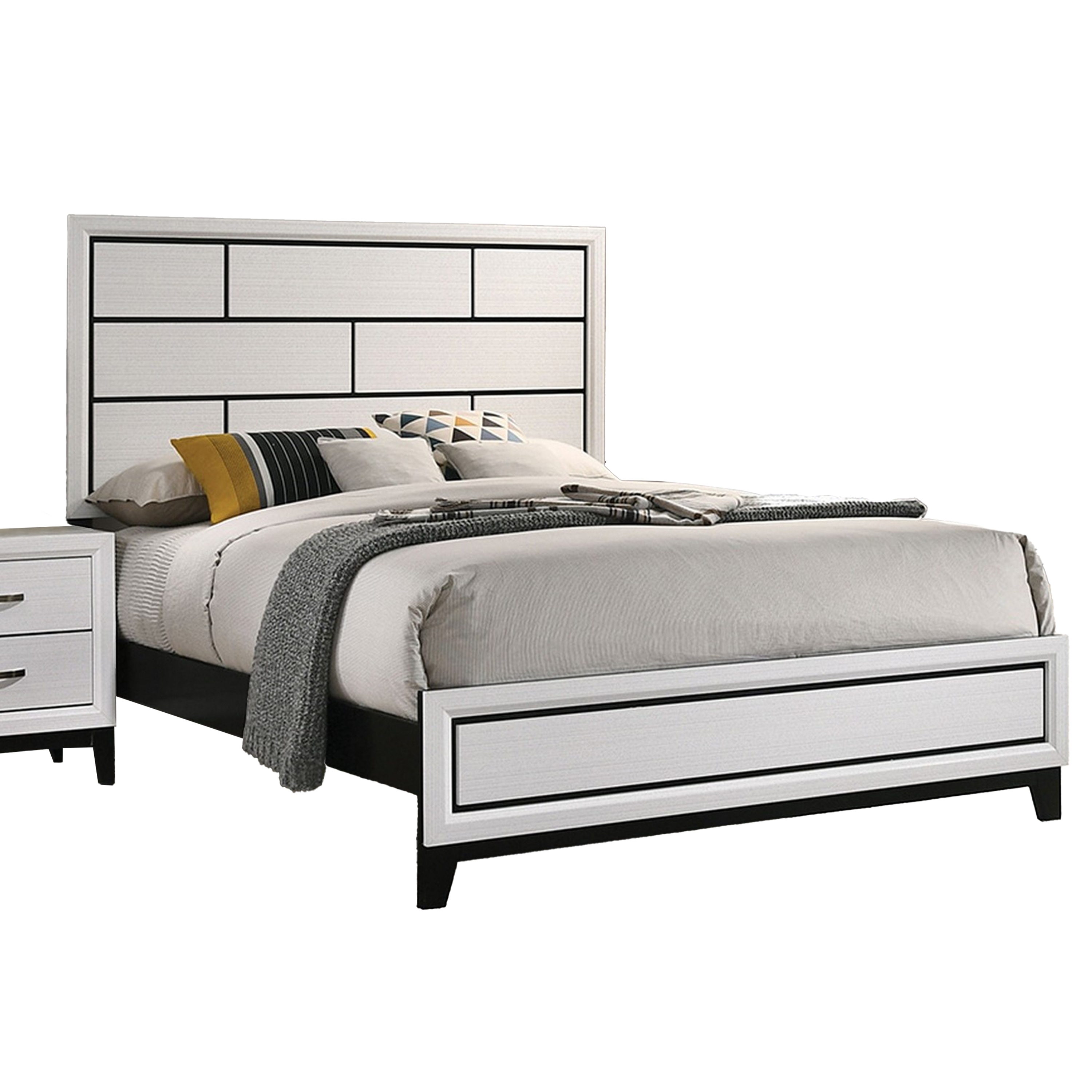 Erica Queen Size Bed, White and Black Wood Finish, Panel Style Headboard