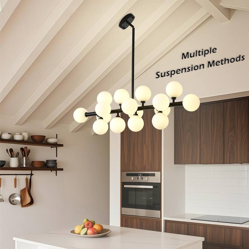 Modern 16 Light Linear Chandelier with Glass Globe Lampshade, Mid Century Sputnik Chandelier for Kitchen Island