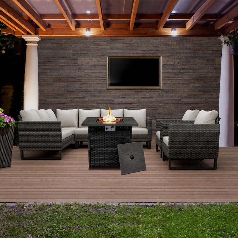 5-Piece Outdoor Sectional Sofa Set with Fire Pit Table - Grey - Beige