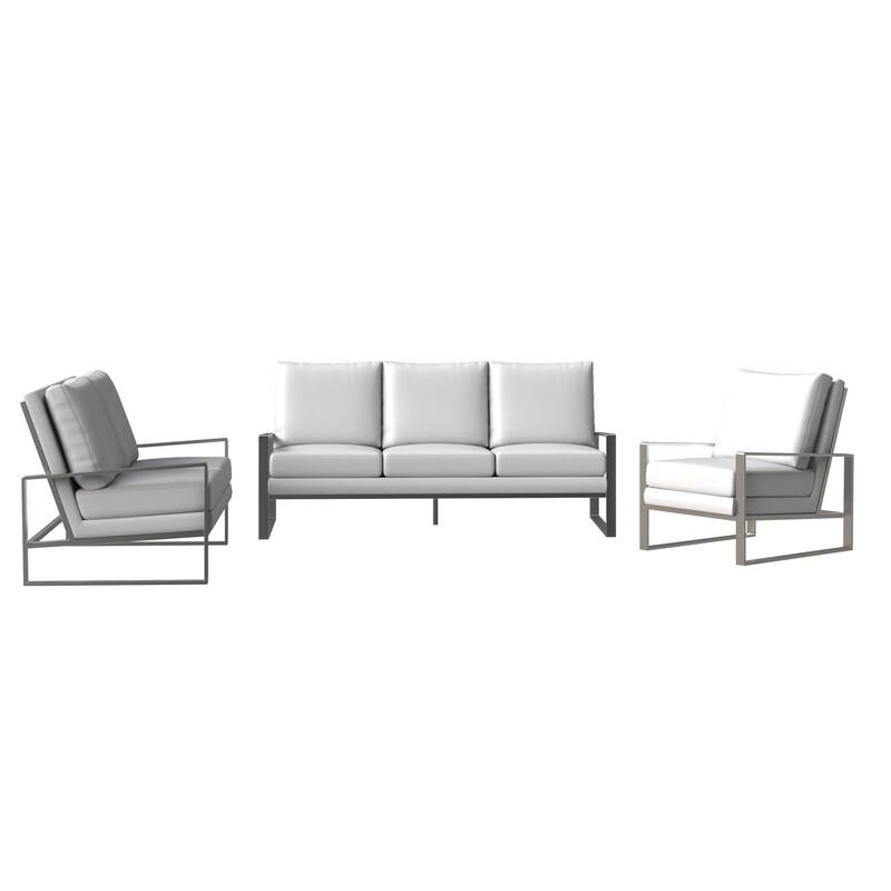 3-Piece Leather Sofa Set Brushed Stainless Steel Base and Removable Cushions