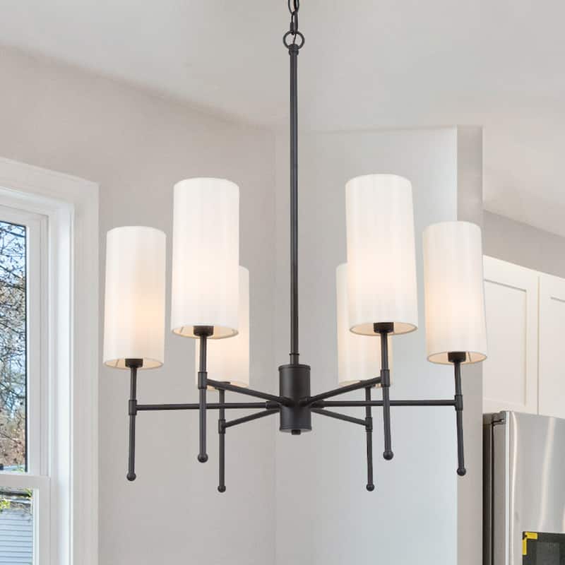 Chiry Mid-Century Modern 6-Light Off-White Fabric Shade Wagon Wheel Chandelier - D 24" x H 30"