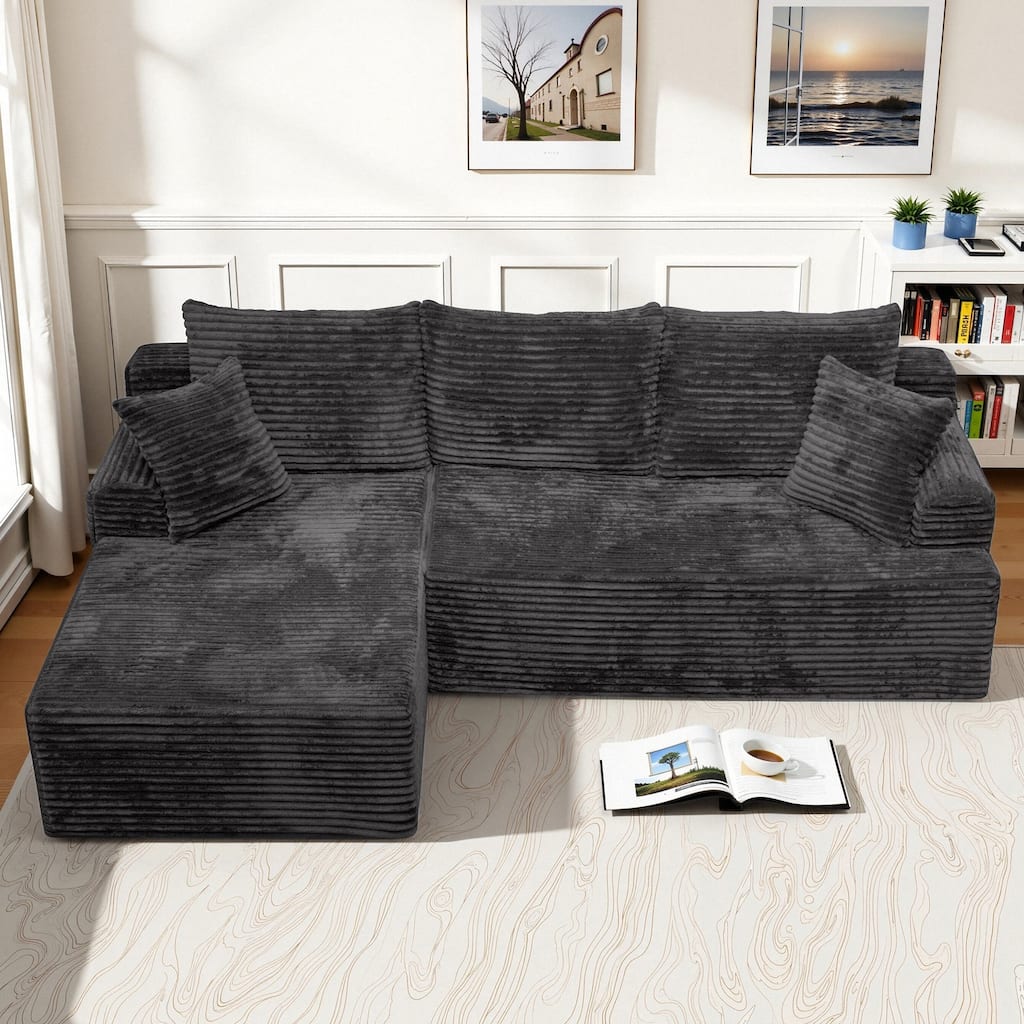 L-Shaped Corner Sectional Sofa Set with Side Chaise Lounge, Soft Foam Cushion Modular Sofa Corduroy Leisure Couch