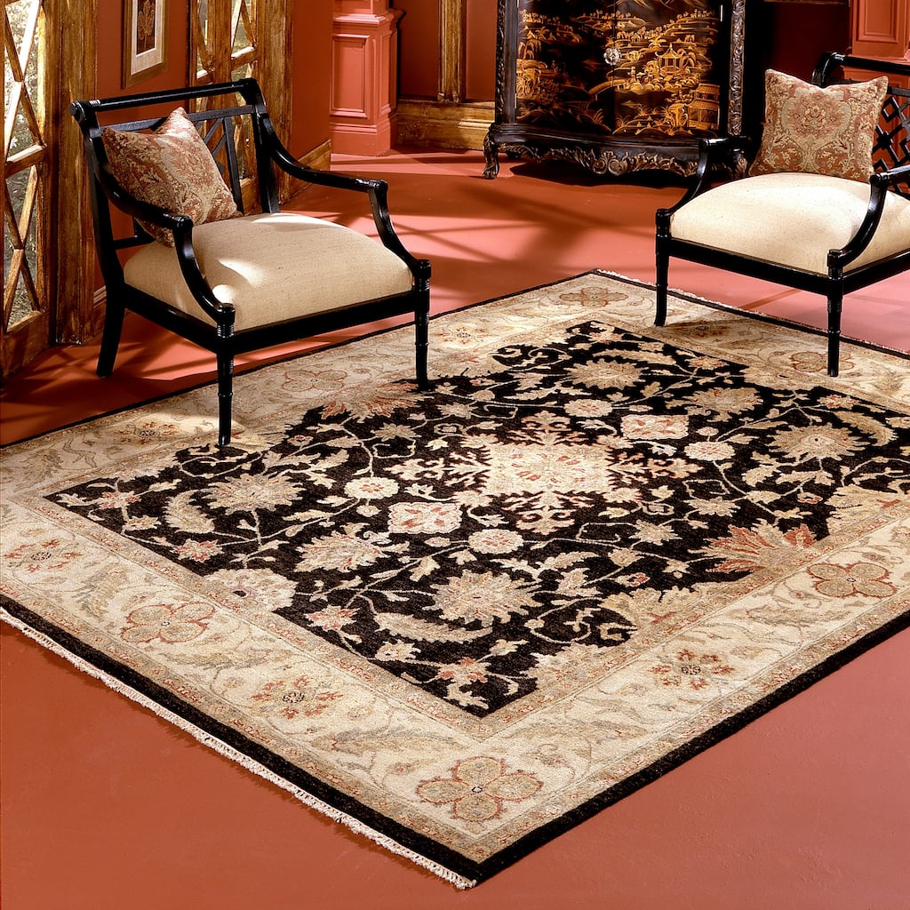 Traditional Black Hand-Knotted Wool Area Rug