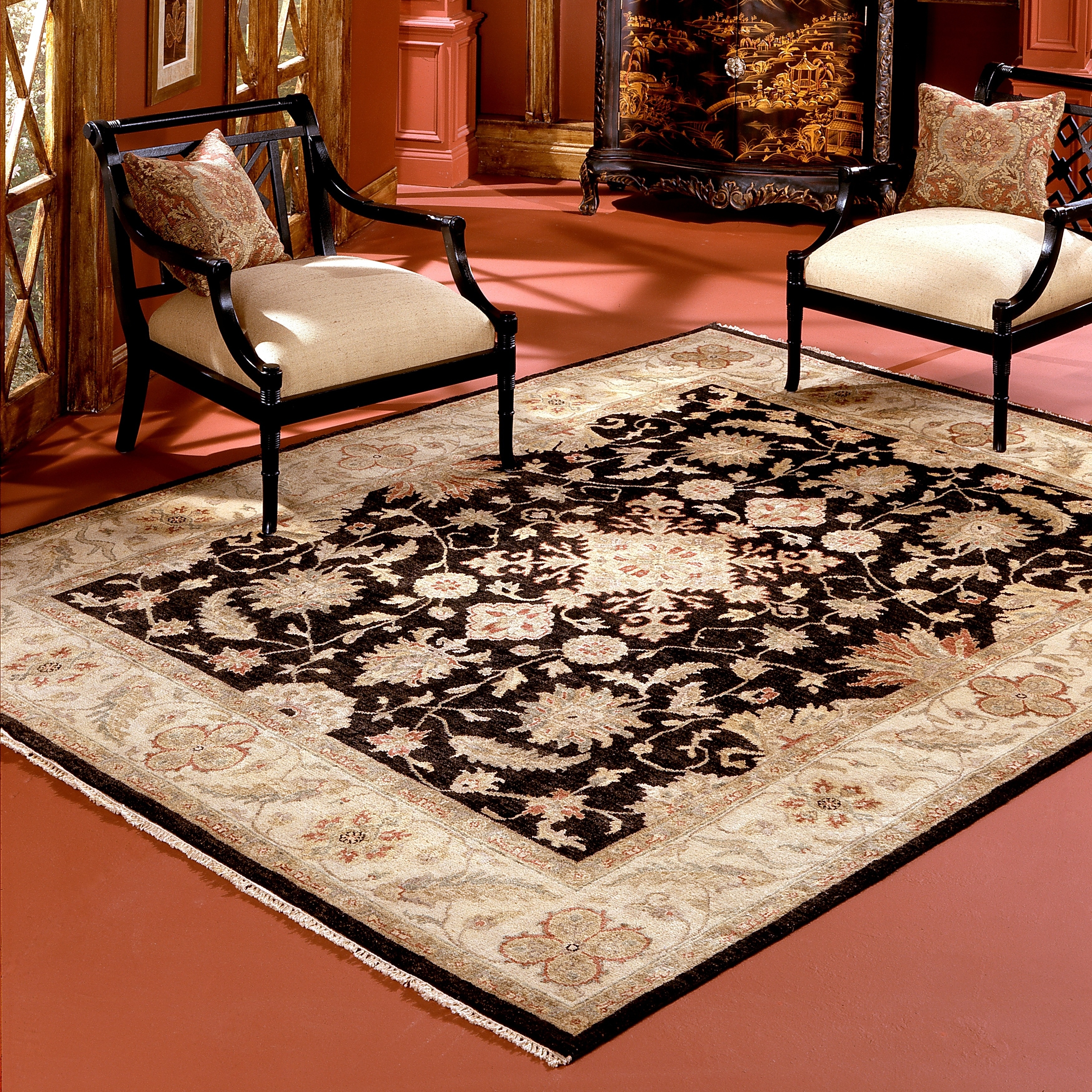 KALATY Traditional Black Hand-Knotted Wool Area Rug