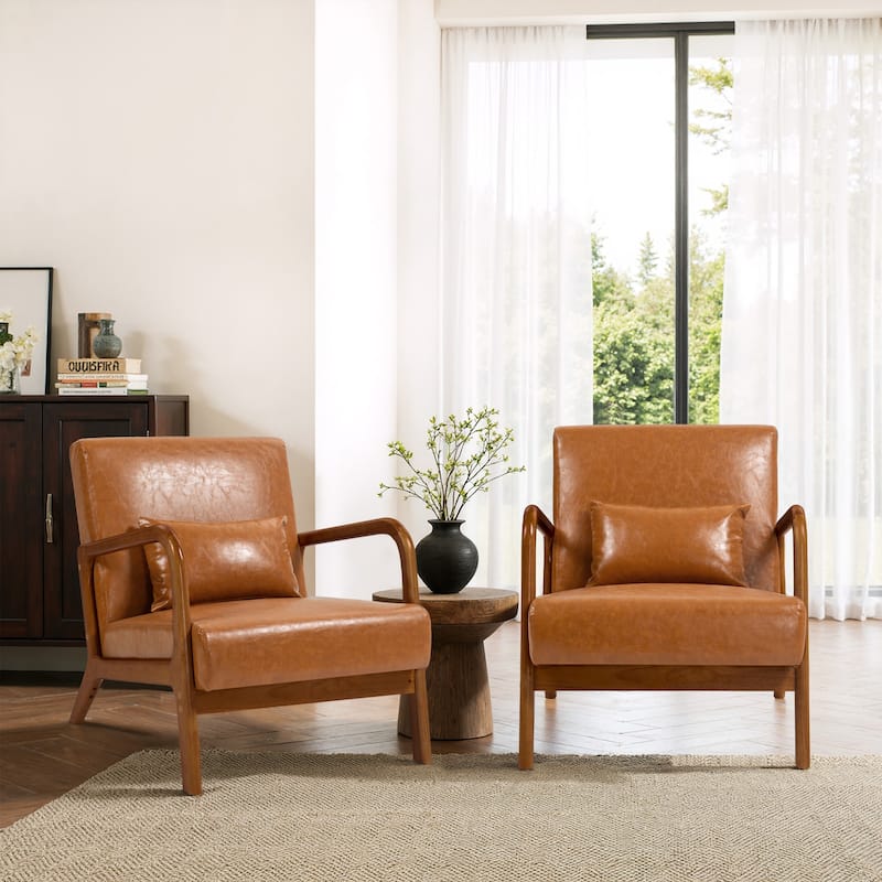 2 Set Mid-Century Modern Faux Leather Accent Chairs with Cushion - Brown/Brown wood