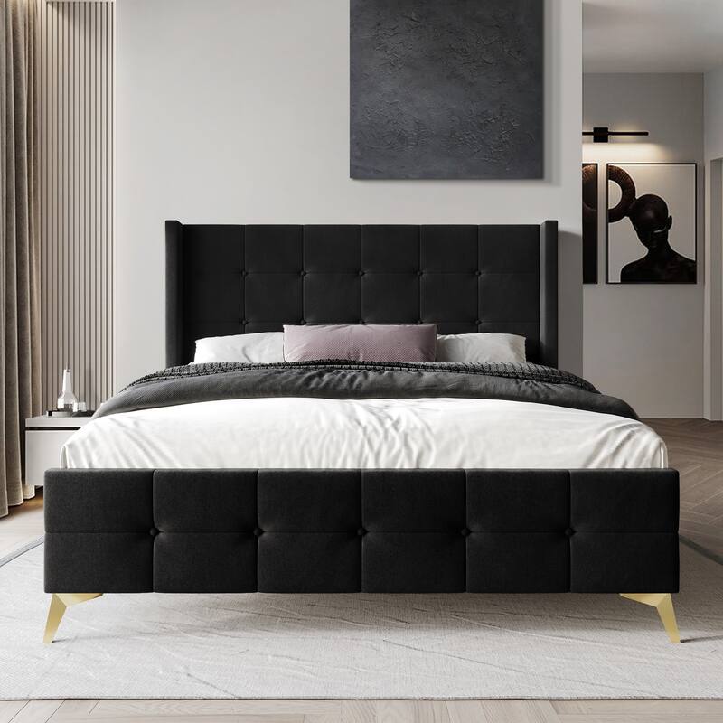 CraftPorch Luxurious Square Button-Tufted Wingback Velvet Upholstered Bed