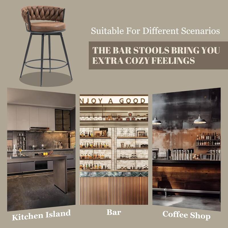XINMICS 360° Swivel Bar Stools, 24 Inches Modern Counter Height Bar Stools with Woven Back, Upholstered Suede Tall Barstools