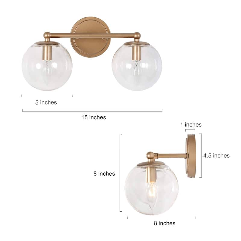 Mid-Century Modern Gold 2-Light Bathroom Vanity Lights Globe Glass Orb Wall Sconces - L 15"x W 8"x H 8"