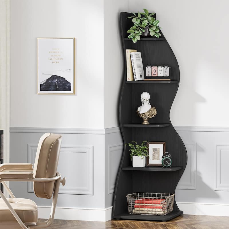 Corner Shelf Bookcase Bookshelf with Unique Shape for Living Room, Home Office - 1PC - Black