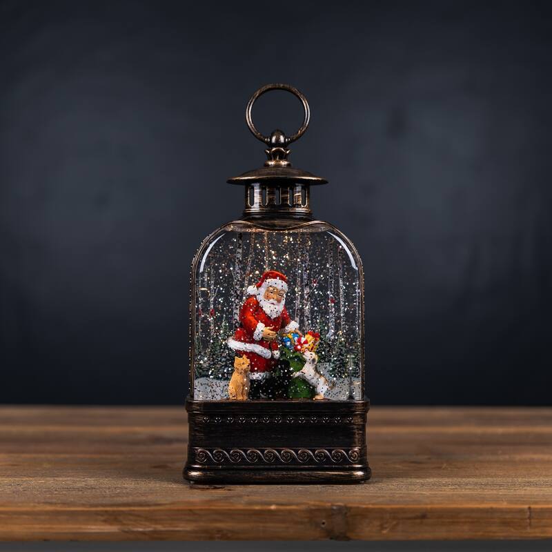 11.25" LED Lighted Santa with Dog Christmas Snow Globe Lantern