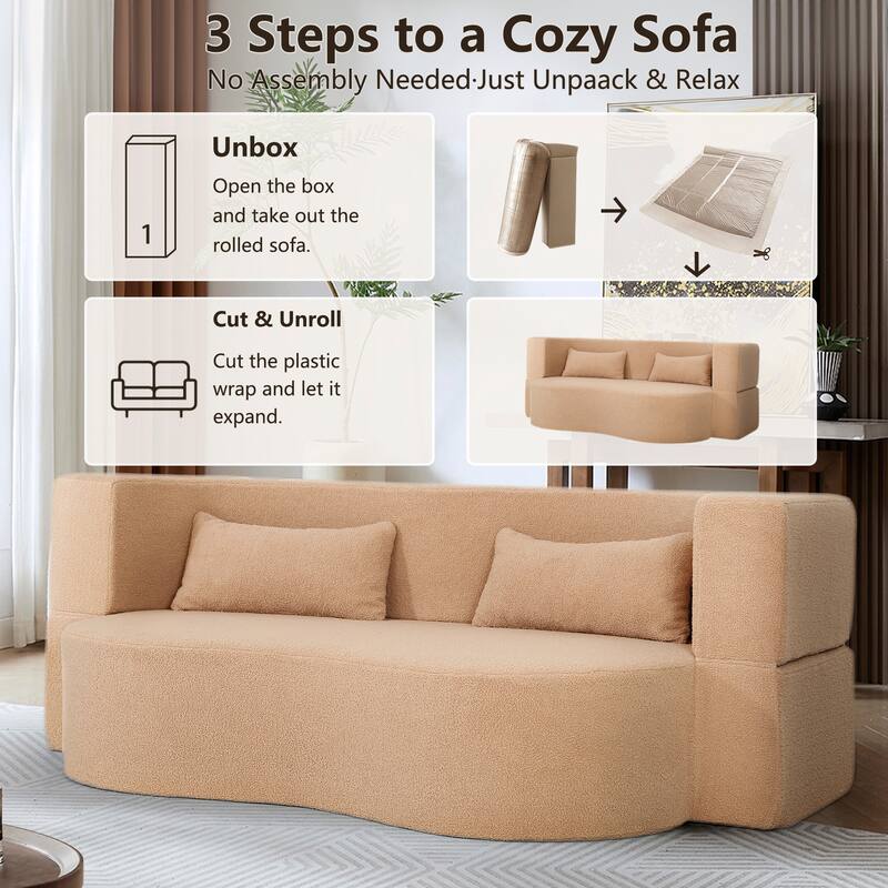 2-in-1 Convertible Full Size Sofa Bed, Teddy Loveseat with 2 Pillows, No-Assembly Floor Futon