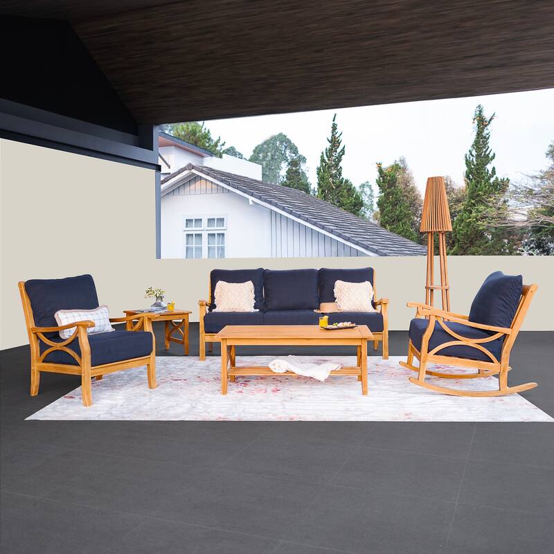 Cambridge Casual Lowell 5-piece Teak Wood Outdoor Conversation Set - Natural Teak/Navy Cushion - 5-Piece Rocking Conversation Set