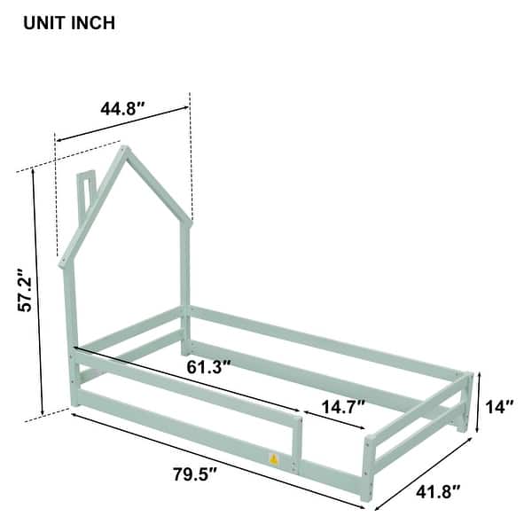 Twin Size Montessori Floor Bed with Fences, Modern Twin Kids Bed with House-shaped Headboard, Wood Twin Bed Frame for Girls,Boys