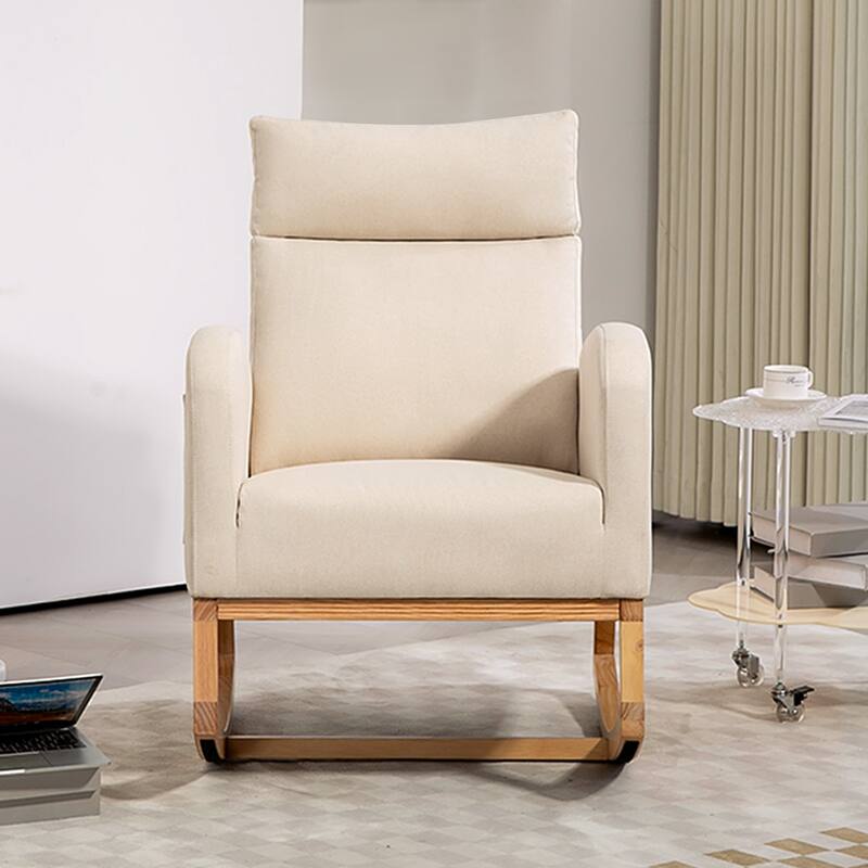 Nursery Chair Rocking Chair Glider Chair, Upholstered Accent Chair with Rubber Wood Legs, Comfy High Backrest, Side Pockets