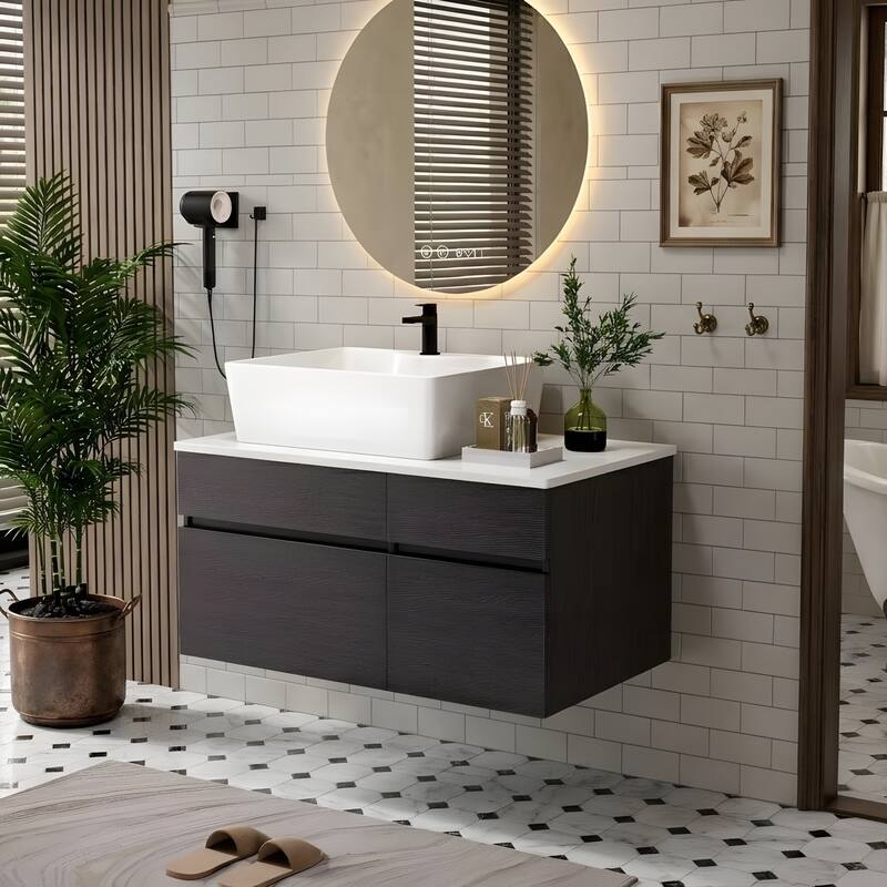 31.5 Inches Floating Single Small Bathroom Vanity with Sink - Black/White