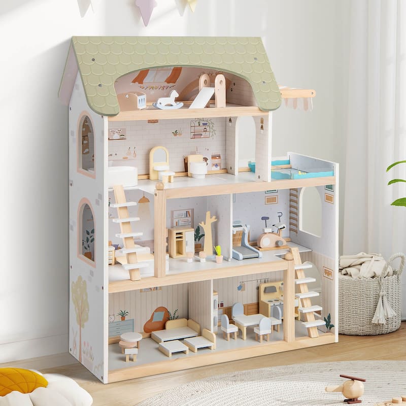 Costway Kids Wooden Dollhouse 4-Story Modern Doll House with 33Pcs - as pic shows - See Details