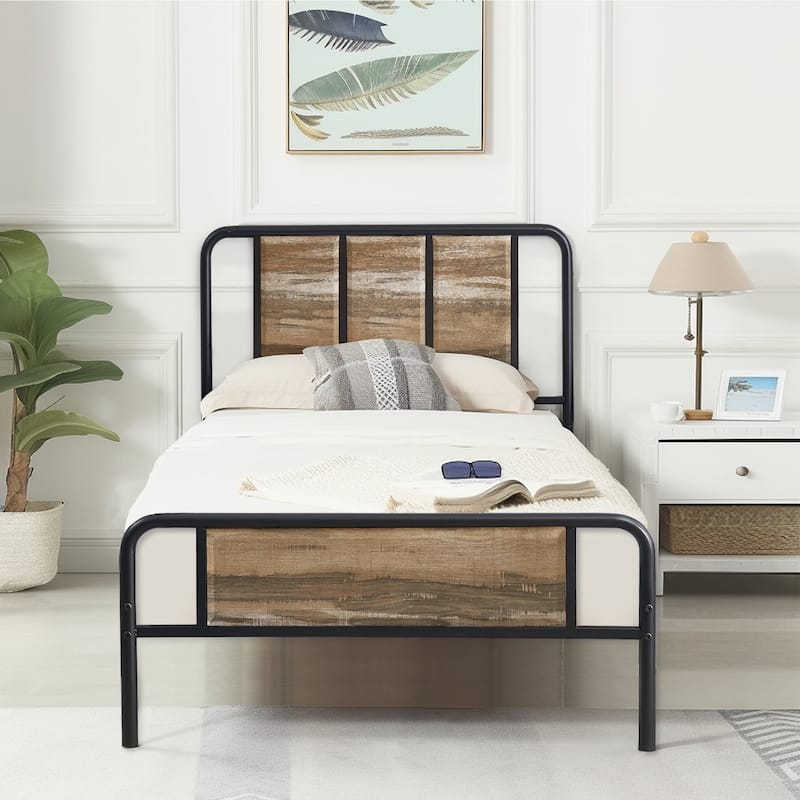 Javlergo Platform Bed Frame with Wooden Headboard, No Box Spring Needed, Slate - Slate - Twin