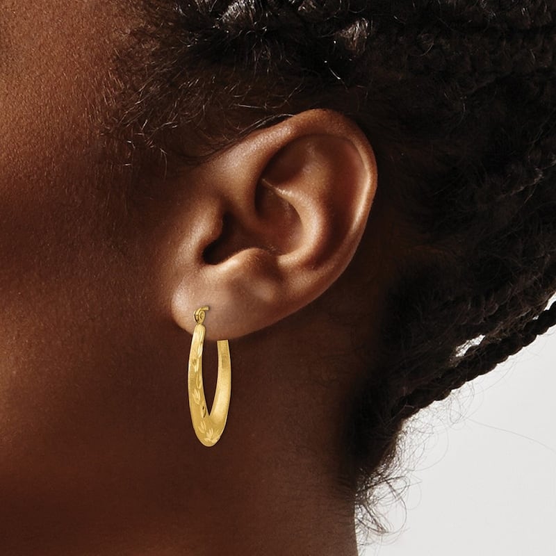Curata 14k Yellow Gold Hinged Post Satin and Sparkle Cut Hollow Hoop Earrings - 27x16mm
