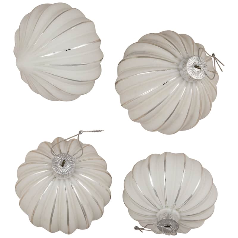 Striped Ball and Onion Glass Christmas Ornaments - 3" (80mm) - White and Silver - 4ct