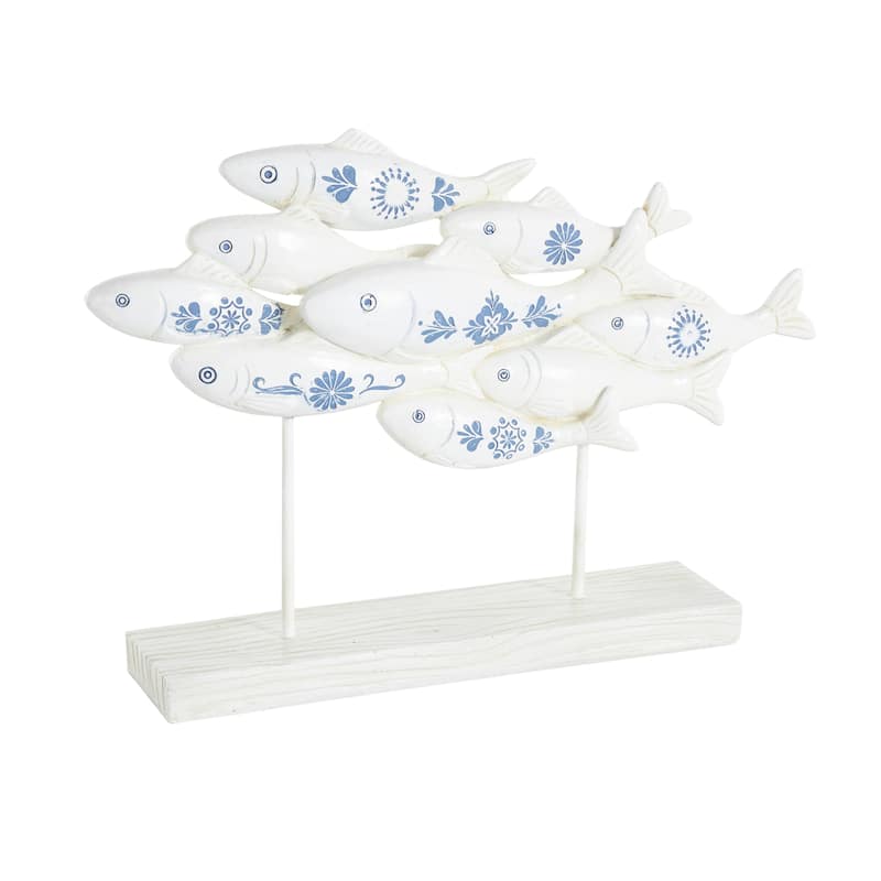 Polystone Fish Decorative Sculpture with Blue Floral Patterns and Stand - White - Roche River Decor