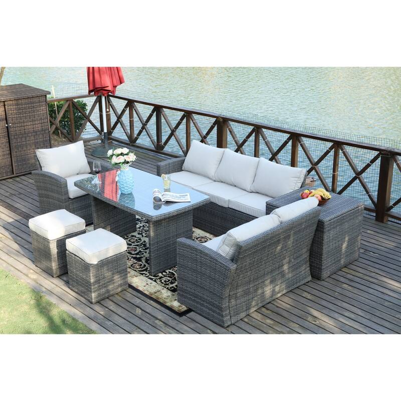 7 Piece Rattan Sofa Seating Group with Cushions Side Storage Box - Grey