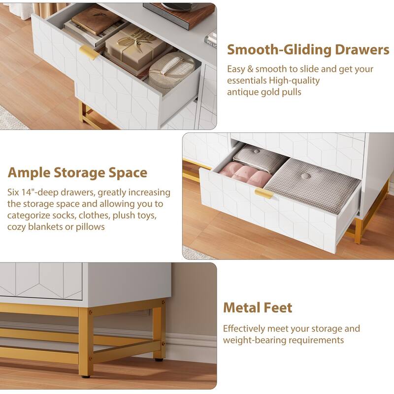 53.5" Modern 6-Drawer Dresser with Metal Legs, Wide Storage Chest of Drawers for Bedroom, Living Room, Entryway