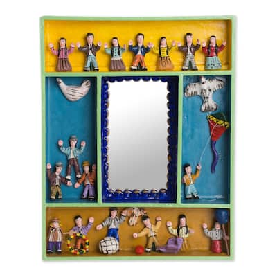 Handmade Children At Play Wood Retablo Wall Mirror (Peru) - 10.75" H x 8.5" W x 1.4" D