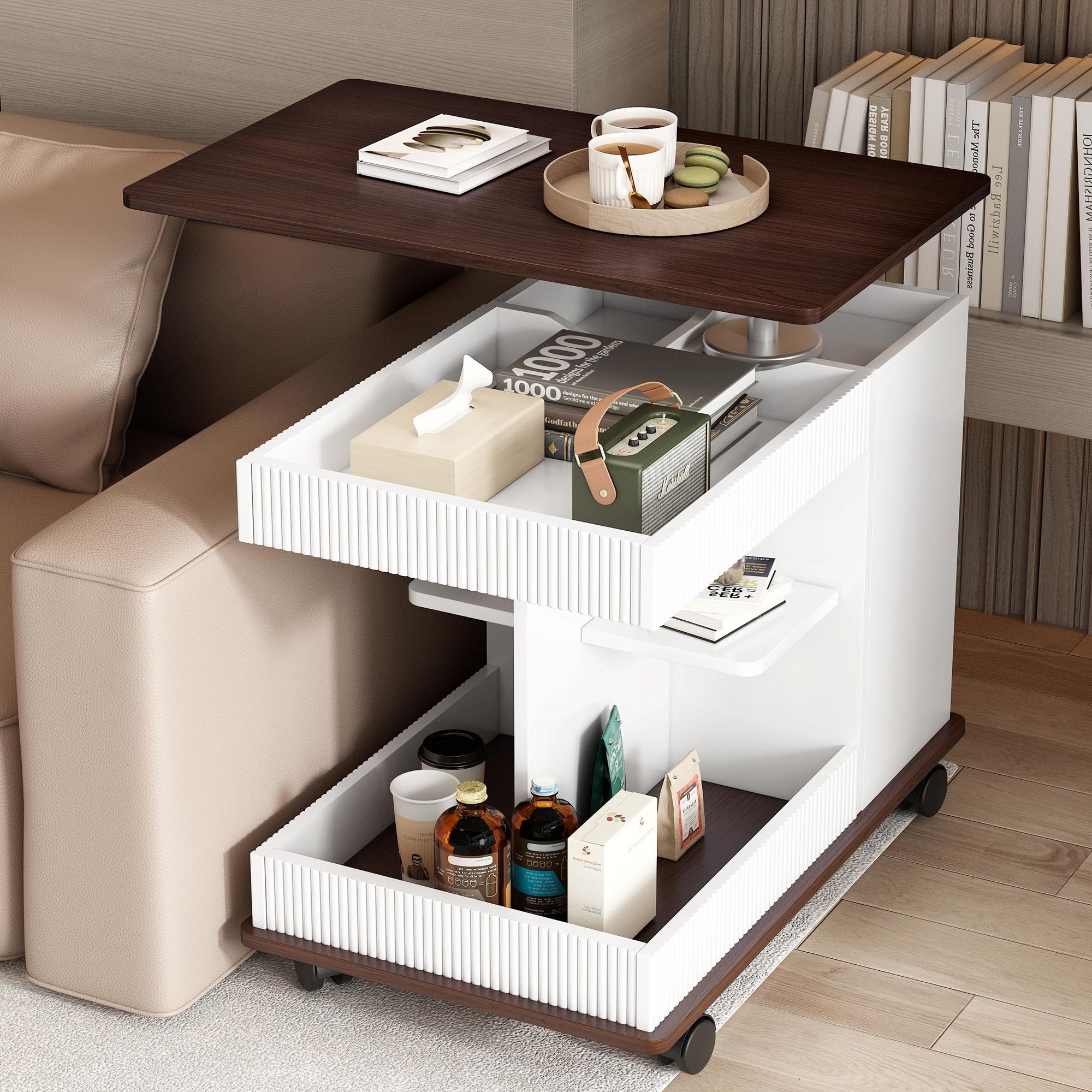 Modern Multifunctional Sofa Side Table with Lift-Top, 360