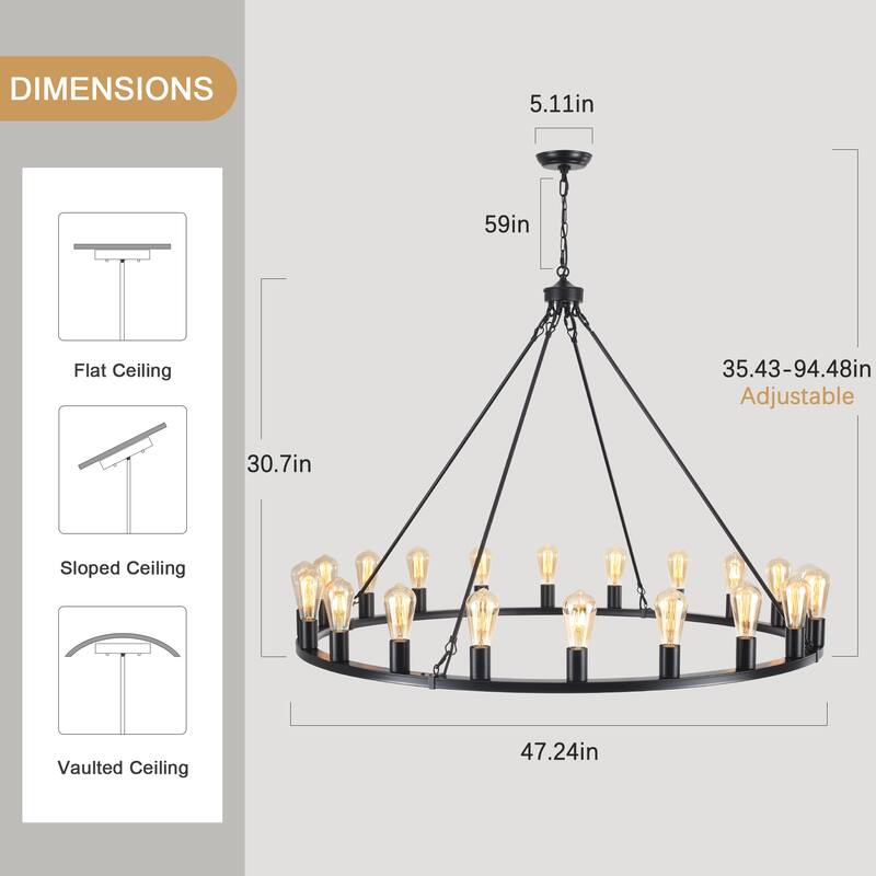 20 - Light Farmhouse Metal Round Industrial Chandelier for Dining Room Entryway Kitchen Island - N/A