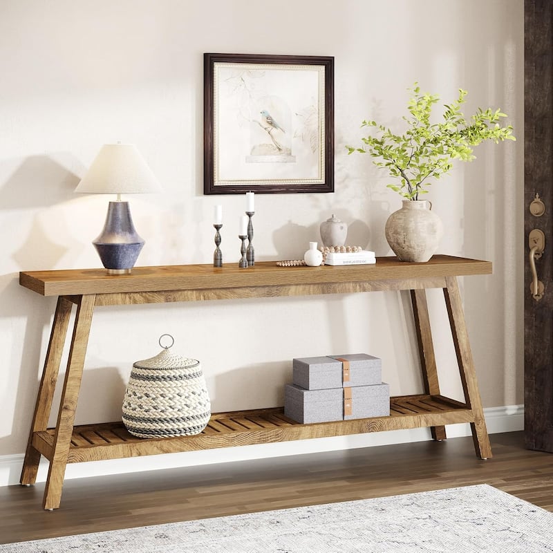 Farmhouse Console Entryway Table: 70.9 Inches Extra Long Console Table for Entryway, 2-Tier Narrow Wood Foyer Sofa Couch Table