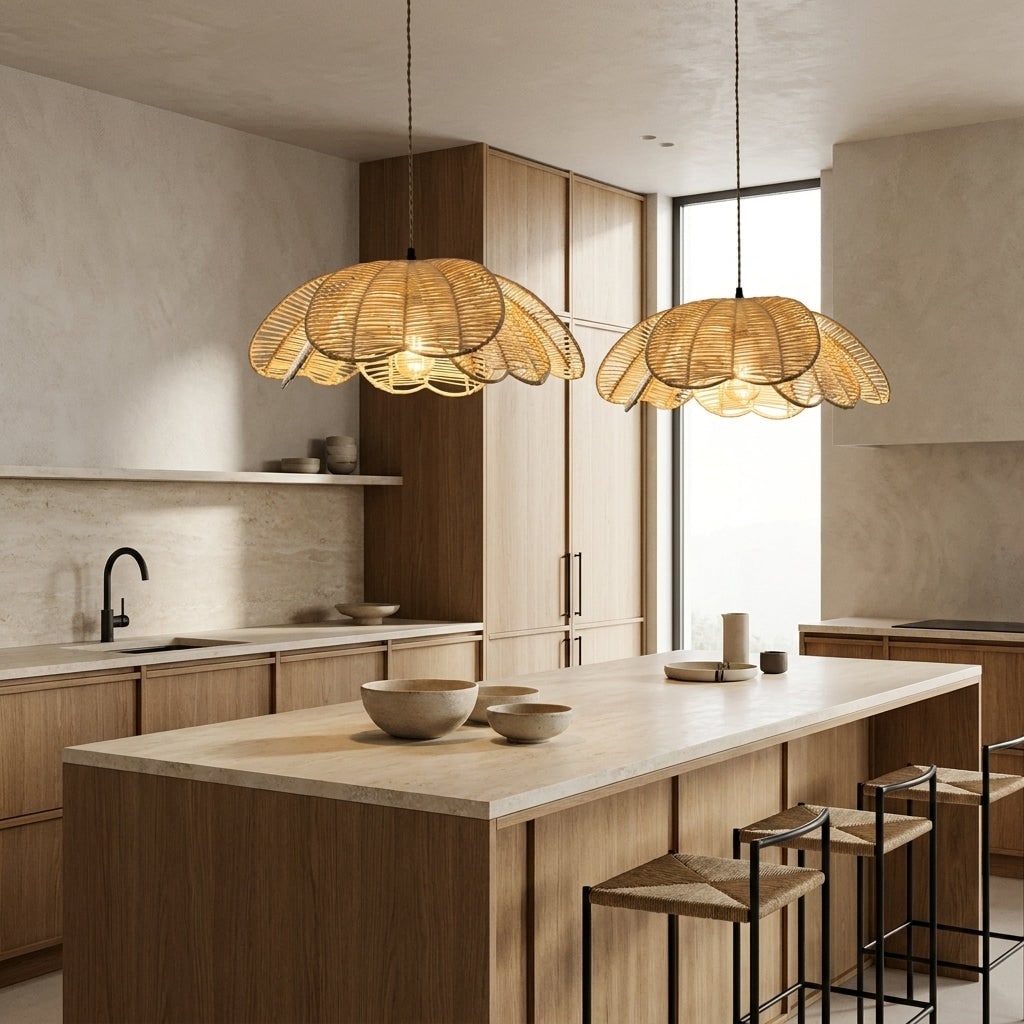 Boho Rattan Flower Pendant Light Coastal Hanging Fixture Light