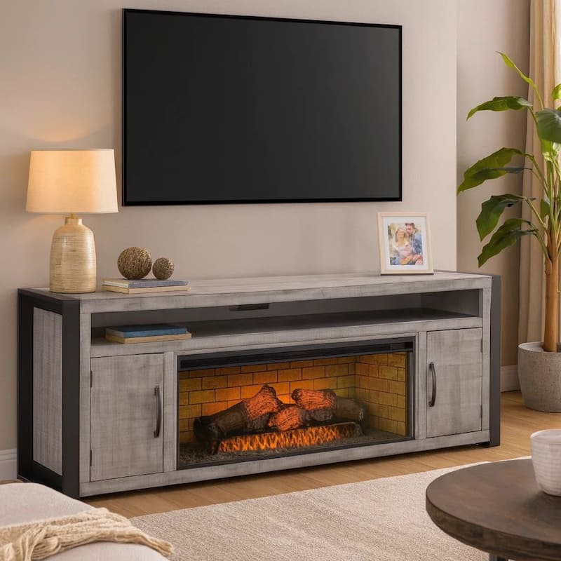 Zeka TV Console with Electric Fireplace Insert Space, Soundbar Shelf, Gray