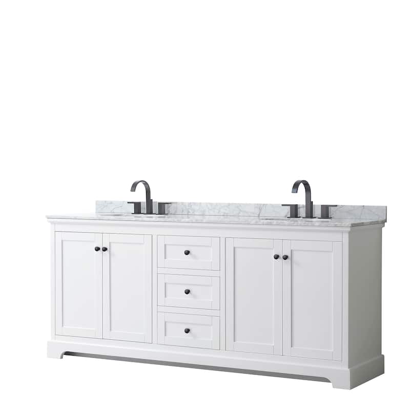 Avery 80-inch Double Vanity, Marble Top, Oval Sinks, No Mirror - White, Black Trim, White Carrara Marble Top