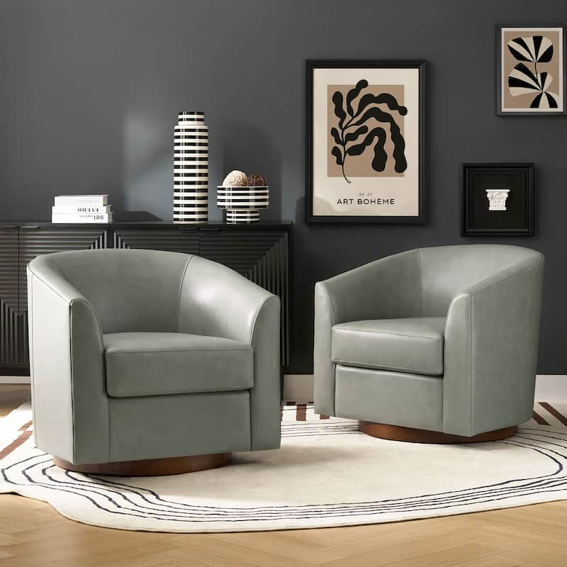 Althea Modern Genuine Leather Swivel Barrel Chair with Solid Wood Base Set of 2 By HULALA HOME - Sage
