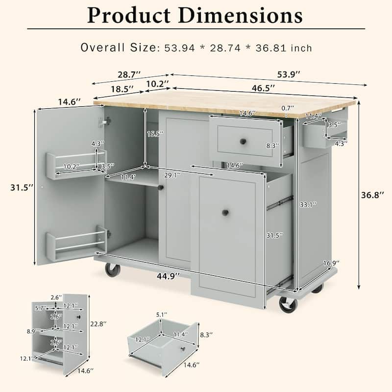 Kitchen Island w/ Drop Leaf,53.9" Width Rolling Kitchen Cart on Wheels