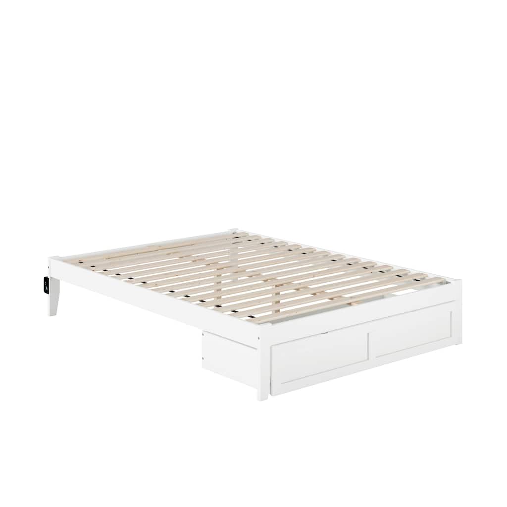 Bed with Foot Drawer & USB Charger - Elegant Storage Bed Frame, White - Slat Kit Included