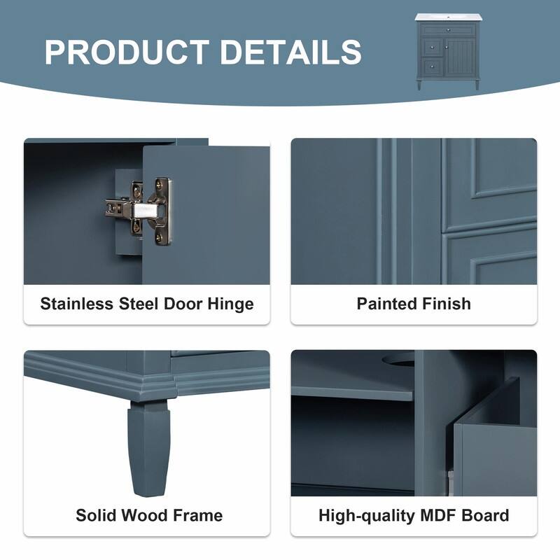 30 Inch Bathroom Vanity with Sink, Modern Vanity Cabinet with One Flip Drawer and Two Storage Drawers