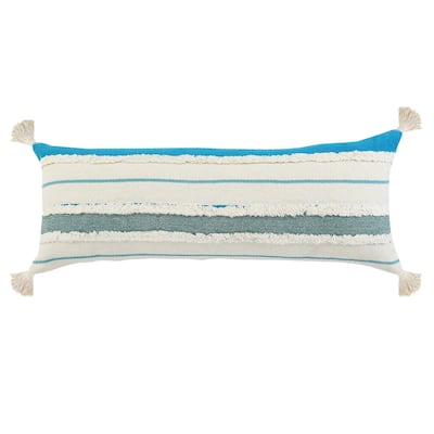 HomeRoots 14" X 36" Blue And Off-White 100% Cotton Striped Zippered Pillow