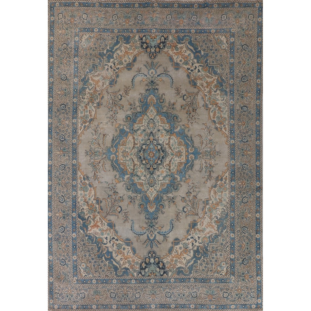 Distressed Tabriz Vintage Persian Area Rug Handmade Wool Carpet - 9'3" x 12'10"