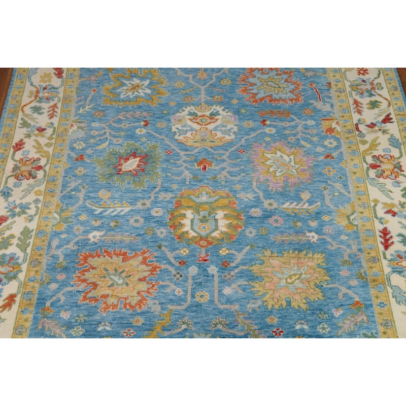 Light Blue Oushak Indian Area Rug Hand-Knotted Wool Carpet - 7'11"x 9'7"