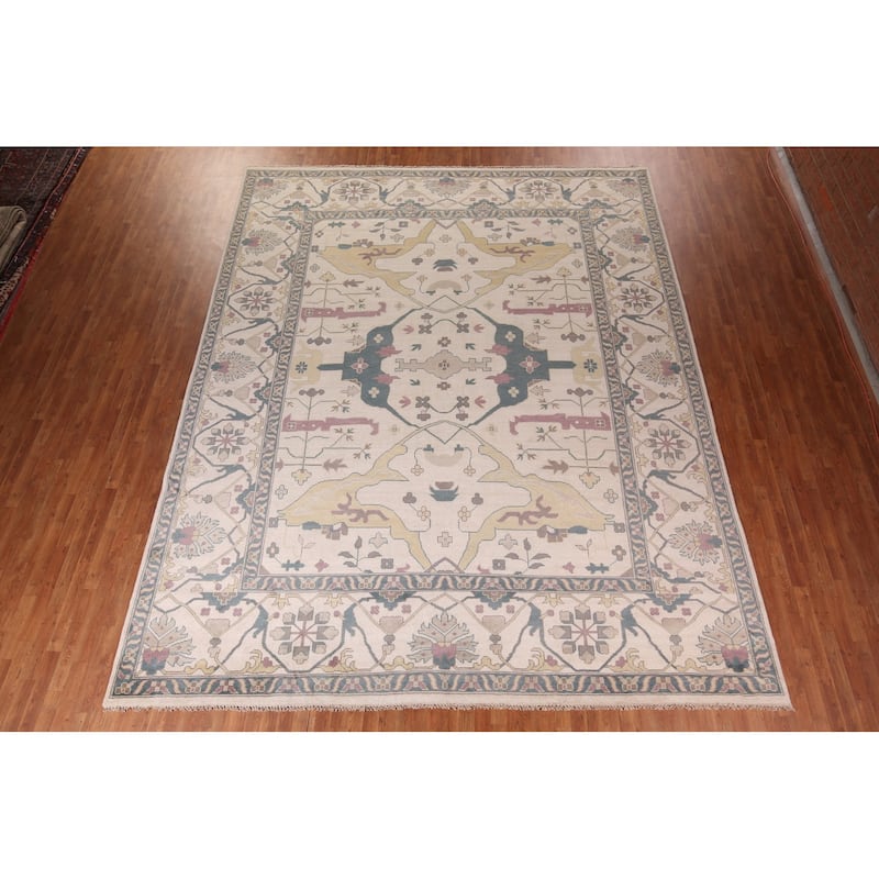 All-Over Ivory Oushak Indian Large Area Rug Handmade Wool Carpet - 12'0" x 14'10"