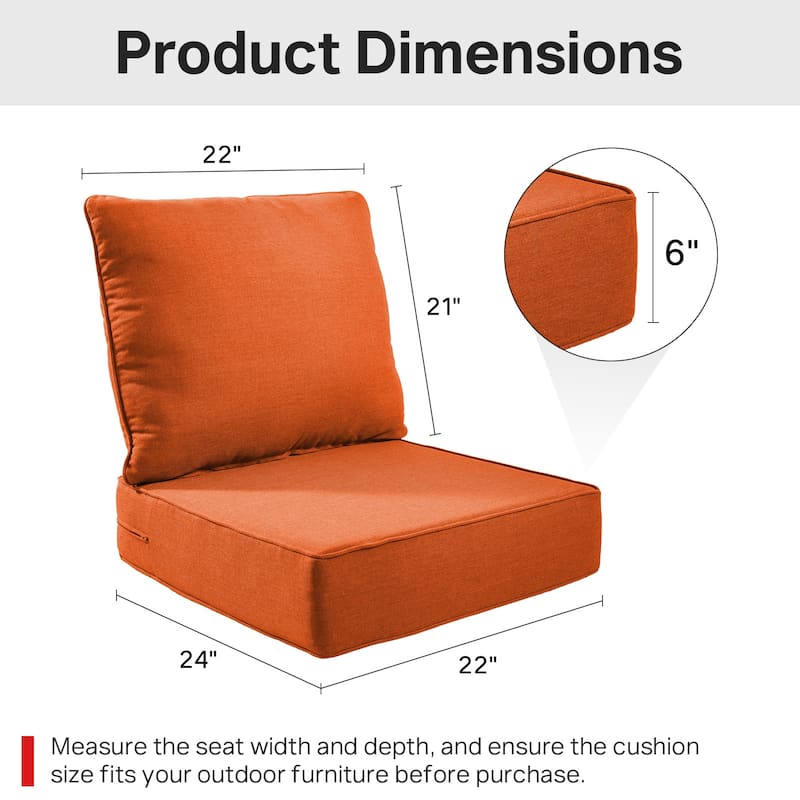22" W x 24" D x 6" T Water & Fade Resistant Outdoor Lounge Chair Replacement Cushion Set