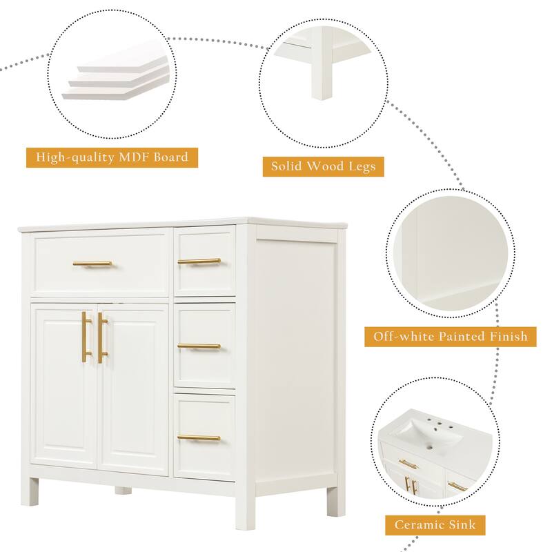 Contemporary 36" Bathroom Vanity with Sink Top,Cabinet with Two Doors and Three Drawers