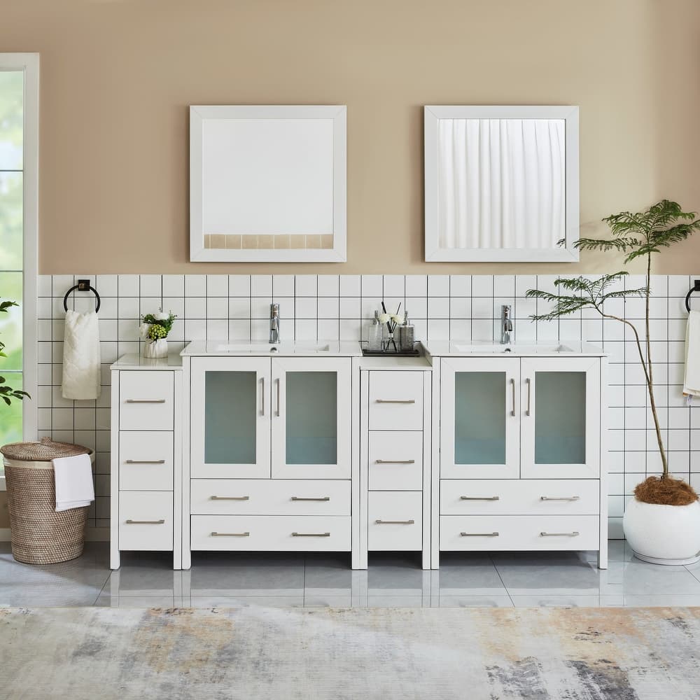 Vanity Art 84" Double Sink Bathroom Vanity Set 10 Dove-Tailed Drawers 4 Cabinets 2 Shelves, Soft-Closing Doors with Free Mirror