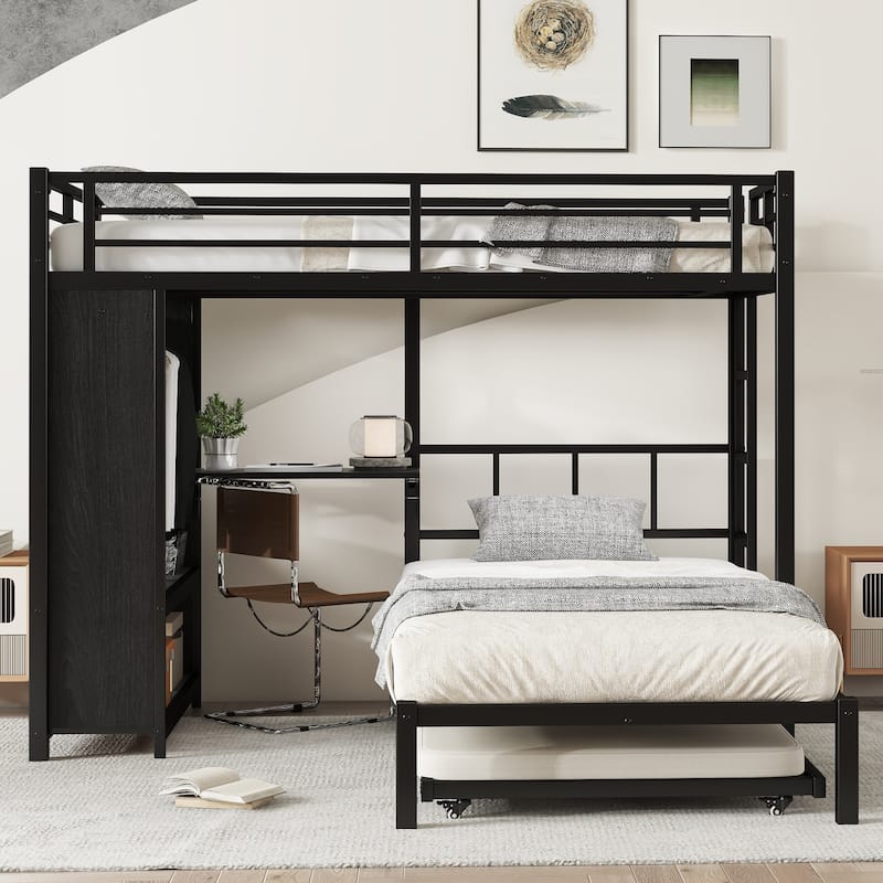 GDFStudio - Connor Metal Bunk Bed with Built-in Wardrobe, Trundle & Foldable Desk