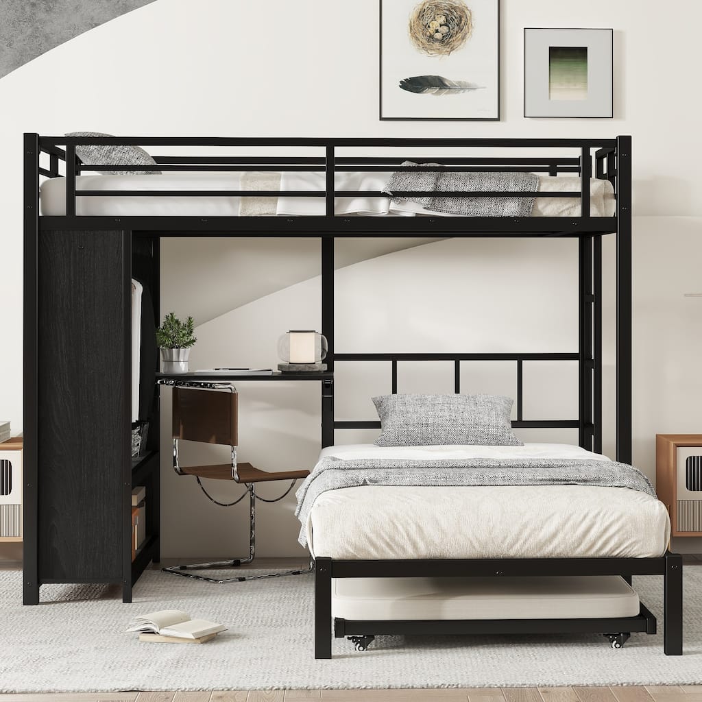 Metal L Shaped Bunk Bed Frame with Trundle Bed for 3, Heavy Duty Metal Bunk Bed with Wardrobe and Foldable Desk