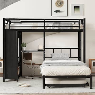 Multifunctional Bunk Bed with Trundle, Black Metal Bunk Bed Frame with Storage Closet, Folding Table and Safety Guardrails