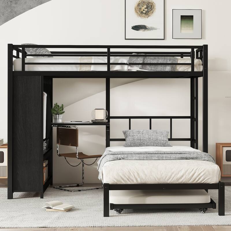 Roomfitters Twin/Full/Queen Metal Bunk Bed with Built-in Wardrobe, Trundle & Foldable Desk, Noise-Reduced Design, Black